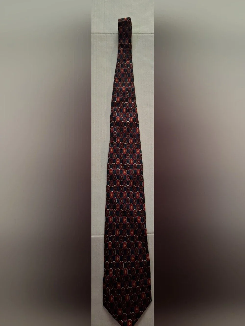 Men's Navy Tie with Red and Gold Medallion Pattern